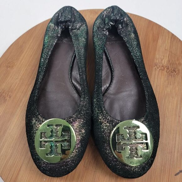 Tory Burch Reva Green Glitter Ballet Slip On Flat Shoes Women's Size 8 - Picture 1 of 11